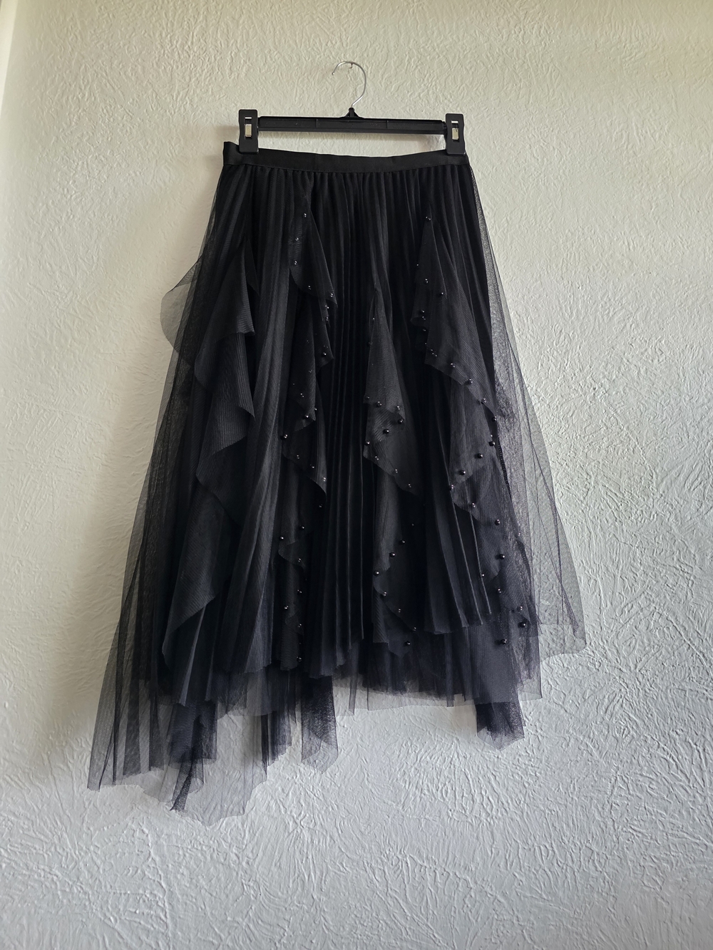 Whimsigoth Soho Apparel Black High-Low Tulle Skirt with Bead Embellishments